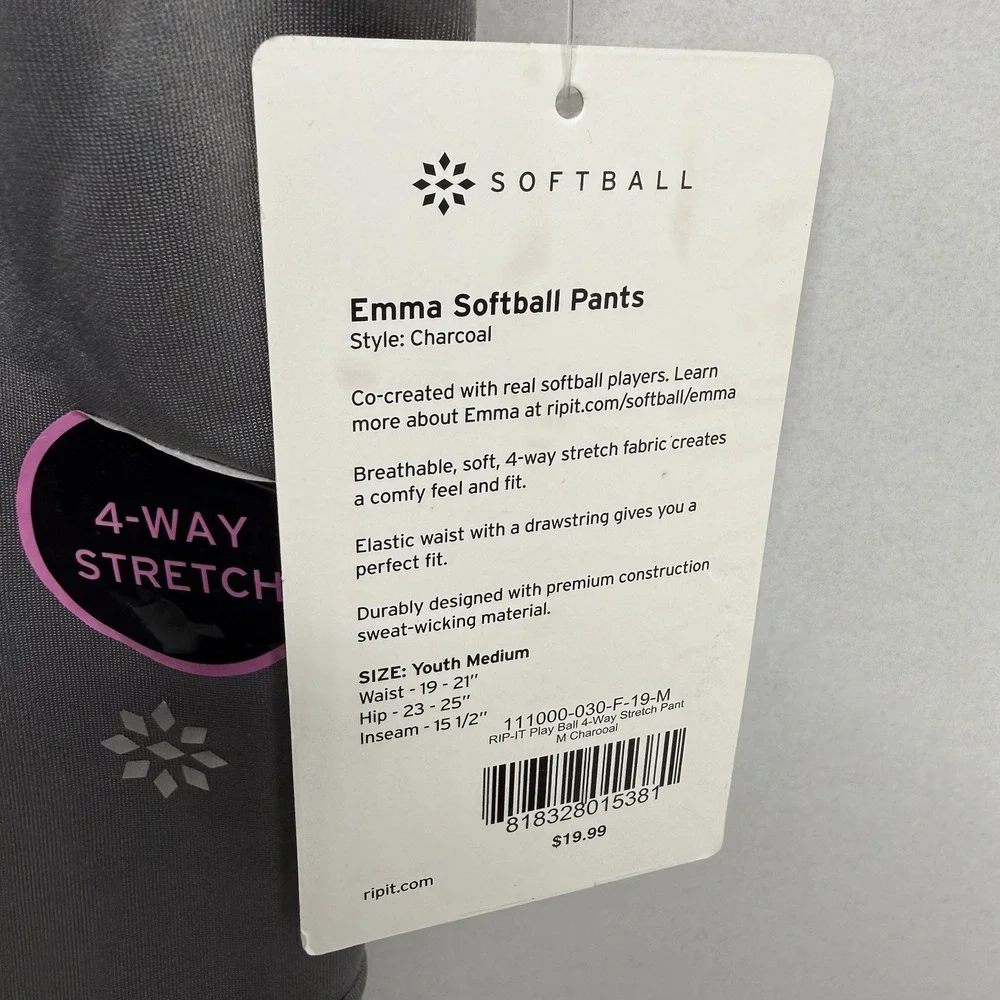 RIP-IT Emma Collection Youth Medium Softball Pants Charcoal NWT 4-Way Stretch